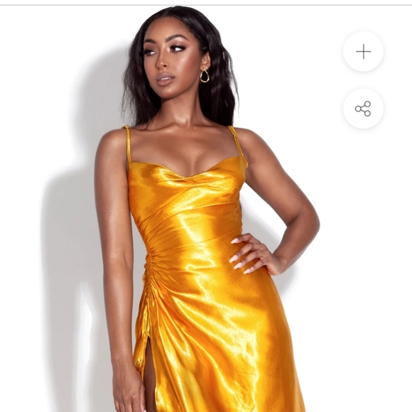 Miss Circle gold satin side slit dress. Medium